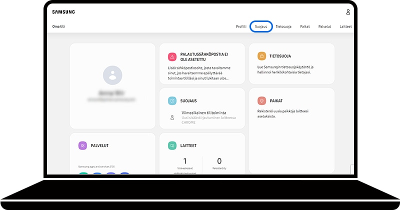 Suojaus valittu Samsung Account -sivuston Oma tili -osiossa