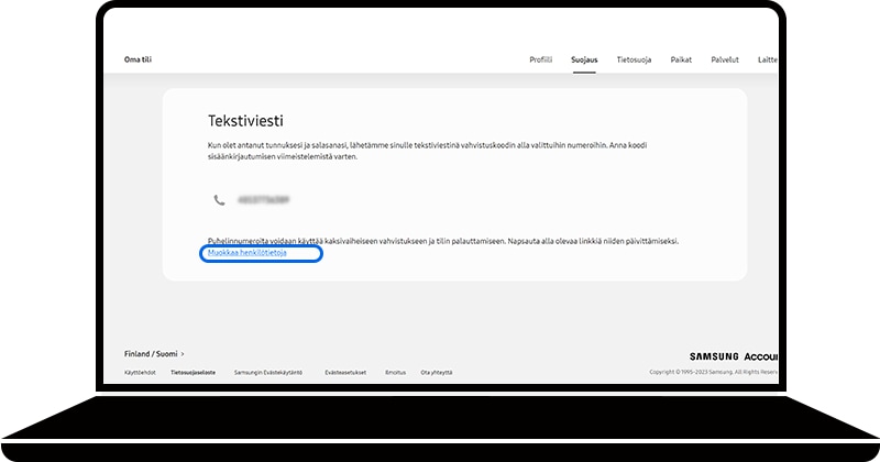 Muokkaa henkilötietoja valittu Samsung Account -sivuston Tekstiviesti-osiossa