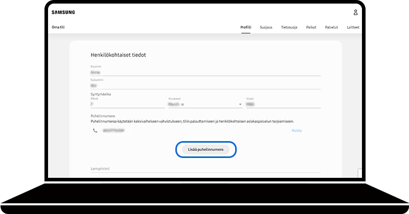 Lisää puhelinnumero valittu Samsung Account -sivuston Henkilökohtaiset tiedot -osiossa