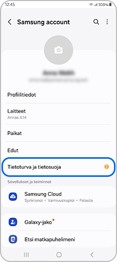 Tietoturva ja tietosuoja valittu Samsung-tilin profiilissa