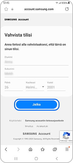Syötä syntymäaika Samsung-tilillä ja jatka