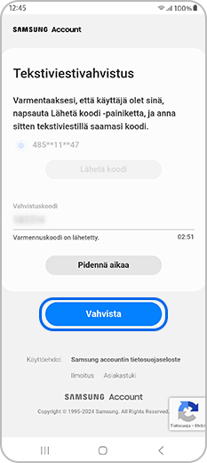 Tekstiviestillä saadun koodin vahvistus