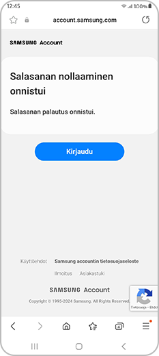 Salasanan palauttaminen onnistui -sivu