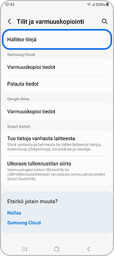Hallitse tilejä -kohta valittu Tilit ja varmuuskopiointi -osiossa
