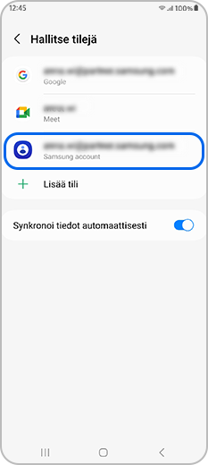 Samsung-tili valittu Hallitse tilejä -osiossa
