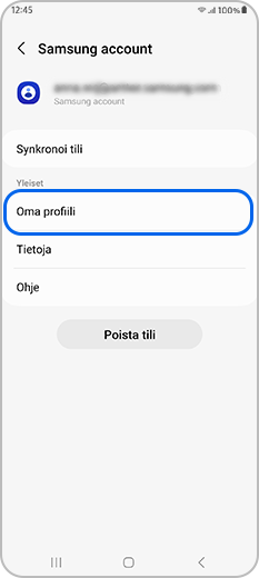Oma profiili valittu Samsung-tilin asetuksissa