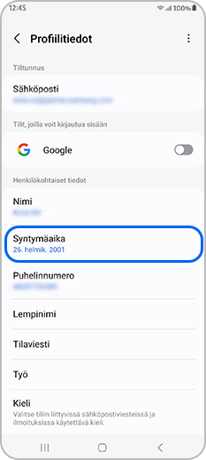 Valitse Syntymäaika Samsung-tilin profiilissa