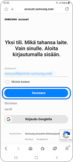 Kirjoita Samsung-tilisi sähköpostiosoite. Valitse Seuraava
