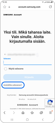 Unohditko salasanan -hyperlinkki Samsung-tilisivulla