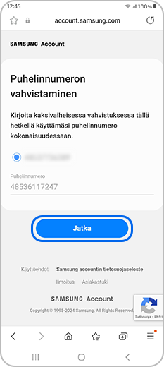 Vahvista Samsung-tilin puhelinnumero