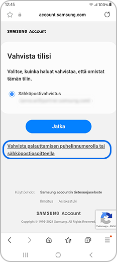 Vahvista Samsung-tili palauttamisen puhelinnumerolla tai sähköpostiosoitteella