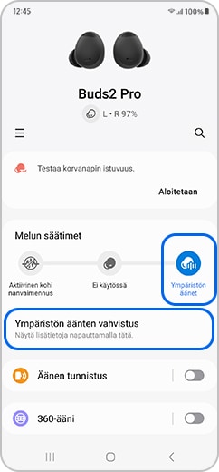 Älypuhelimen näyttö, jossa näkyy Ympäristön äänet -kuvake ja jossa on valittuna Ympäristön äänten vahvistus