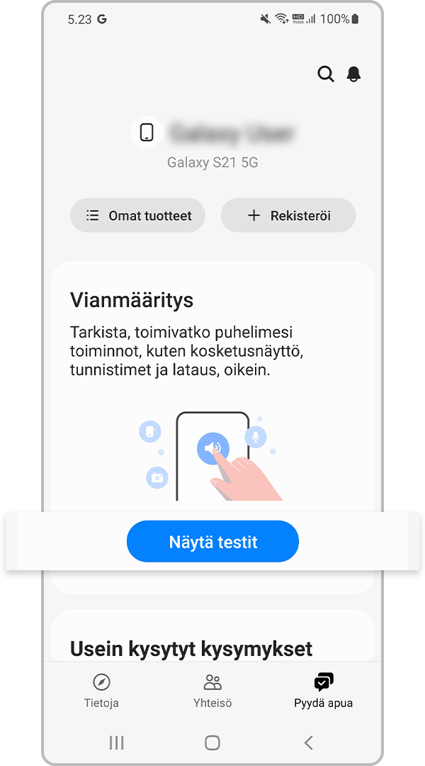 Tarkastele testejä Vianmääritys-kohdassa