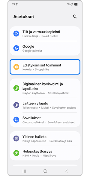 Edistykselliset toiminnot -valikon valitseminen