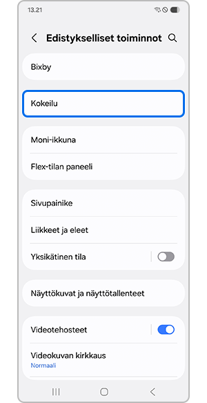 Kokeilu-valikon valitseminen