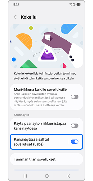 Kansinäytössä sallitut sovellukset -asetuksen käyttöönotto