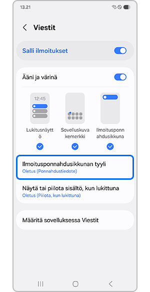 Ilmoitusponnahdusikkunan tyylin valitseminen