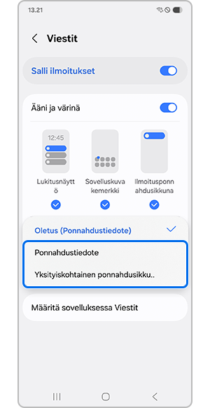 Ponnahdustiedotteen tai yksityiskohtaisen ponnahdusikkunan napauttaminen