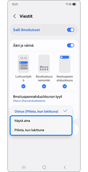 Näytä aina tai Piilota, kun lukittuna -asetuksen napauttaminen