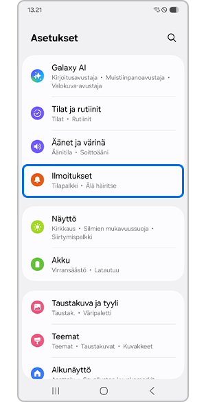 Ilmoitusvalikon valitseminen