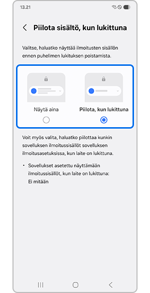 Näytä aina tai Piilota, kun lukittuna -asetuksen napauttaminen