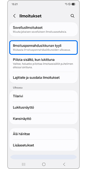 Ilmoitusponnahdusikkunan tyylin valitseminen