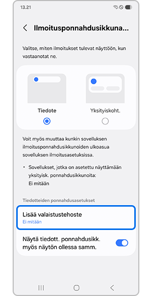 Lisää valaistustehoste -asetuksen valitseminen