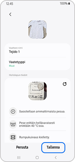 Määritä nimi ja vaatteen tyyppi ja valitse sitten Tallenna
