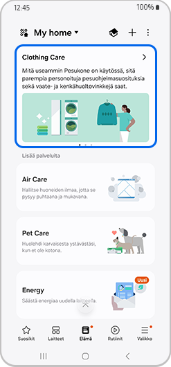 Clothing Care -kortti SmartThings-sovelluksen Elämä-osiossa