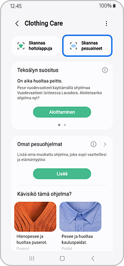 Pesuaineiden skannaus Clothing Care -osiossa