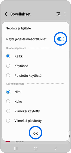 Näytä järjestelmäsovellukset ja OK valittuna