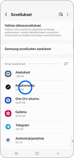 Ilmakomento valittuna sovellusluettelossa