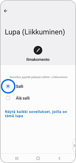 Salli valittuna lähellä olevien laitteiden oikeuksissa