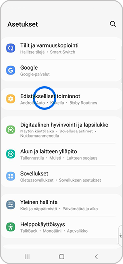 Edistykselliset toiminnot valittuna asetusvalikossa