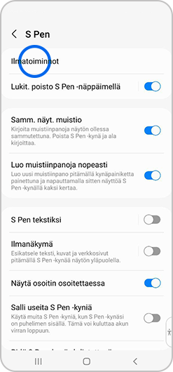 Ilmatoiminnot valittuna S Pen -valikossa
