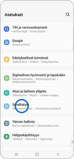 Sovellukset valittuna asetusvalikossa