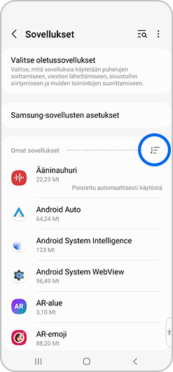 Lajittelukuvake valittuna