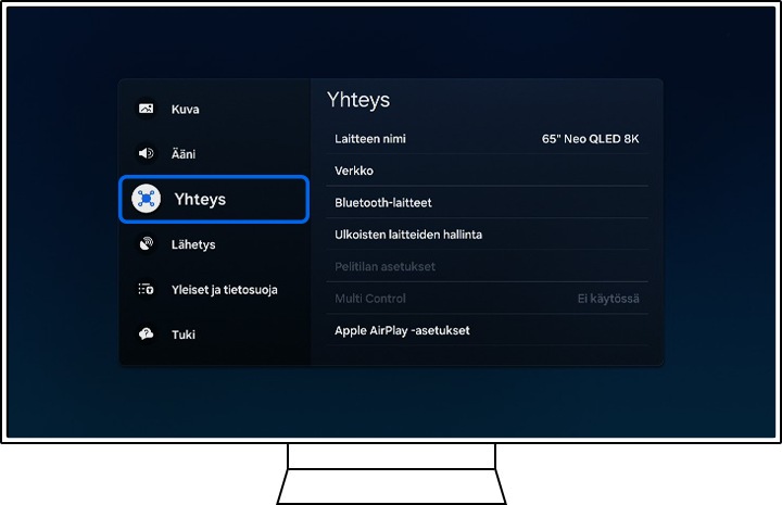 Samsung TV näyttää Kaikki asetukset -vaihtoehdot.