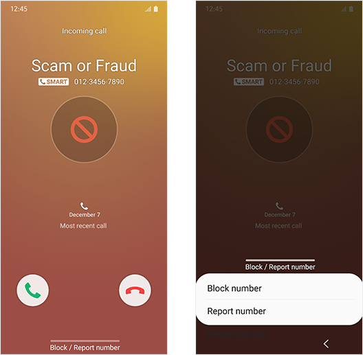 Capture d'écran montrant un appel entrant détecté comme une escroquerie ou une imposture, et les options proposées à l'utilisateur qui sont de bloquer ou de signaler le numéro.