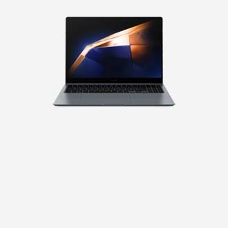 Le Samsung Galaxy Book4 Ultra gris est ouvert, orienté vers l’avant, avec un fond d’écran coloré affiché.
