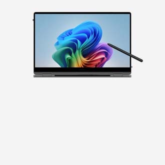 Le Samsung Galaxy Book5 360 en gris est replié vers l’arrière, orienté vers l’avant, avec un fond d’écran coloré affiché et le S Pen touchant l’écran.