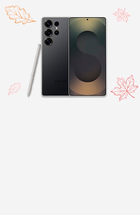 Galaxy S25 ultra Noir avec son S Pen sur un fond gris avec des feuilles rouges et oranges pour mettre à en avant l'automne