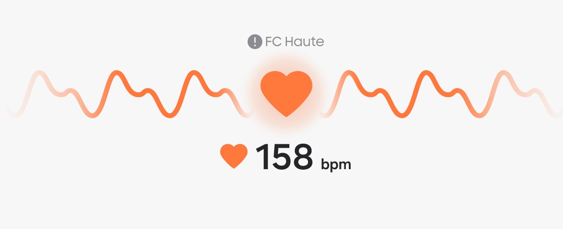 A heart icon in the middle is beating to indicate heartbeat. In the background is the heart rate monitor line that moves according to the heartbeat. Below, the BPM status can be seen along with a small heart icon, which all changes in line with the heartbeat. A High HR alert message appears as the BPM gets higher.