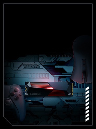 Le 990 PRO avec dissipateur SSD est présenté au centre avec des parties lumineuses, et la moitié d'une manette de jeu est visible sur la gauche.