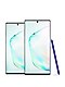 Vue de face d’un Galaxy Note10 à la verticale sur le côté duquel est appuyé un S Pen