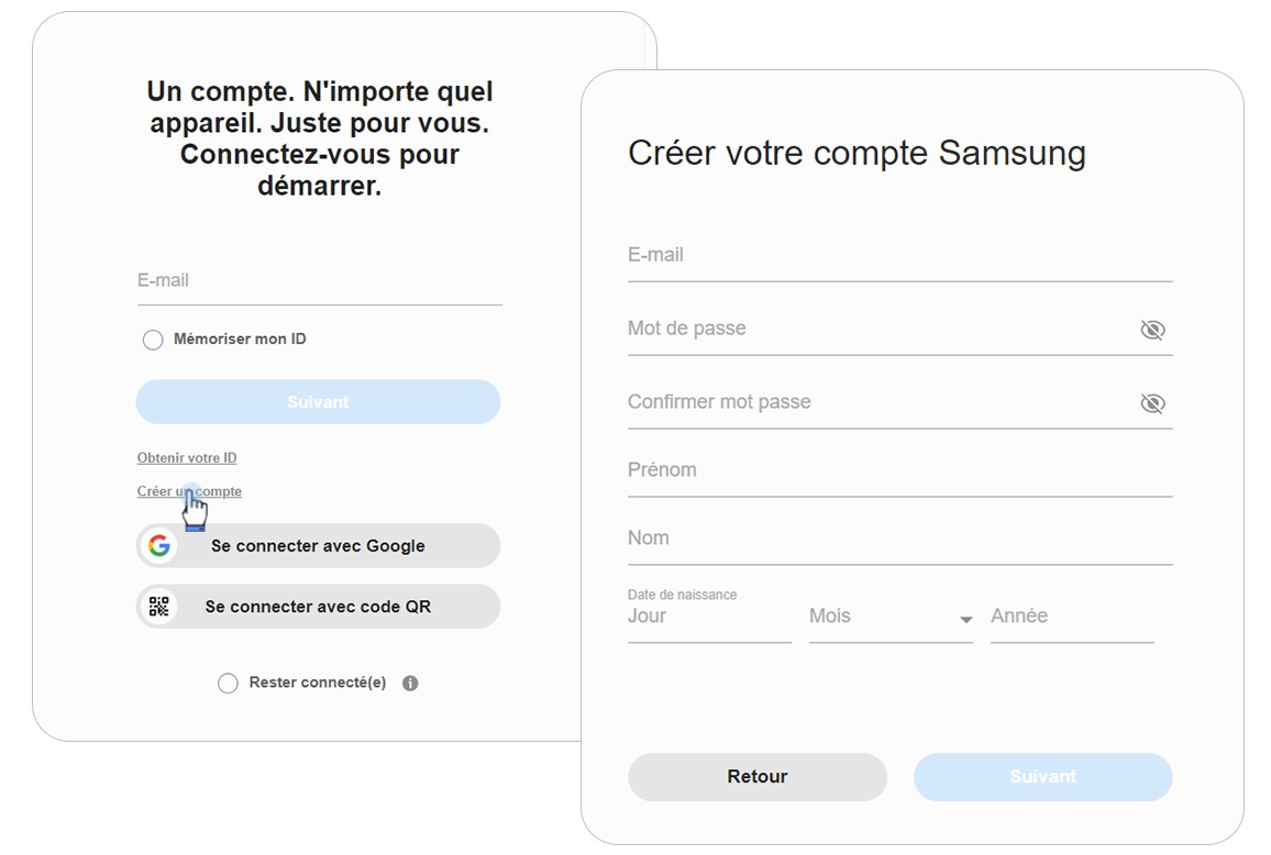 Image shows a hand cursor selecting Create account option in the Sign in to your Samsung Account screen, and then the Create your Samsung Account form.