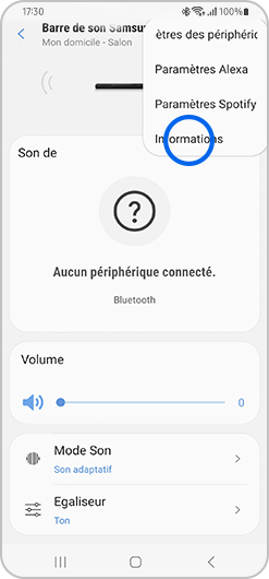Sélection de l’option Informations d'un appareil enregistré sur l'application SmartThings