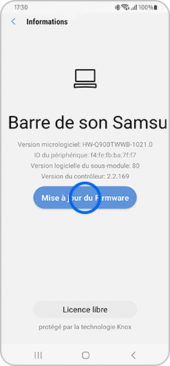 Sélection de l'option Mise à jour du Firmware d'un appareil enregistré sur l'application SmartThings
