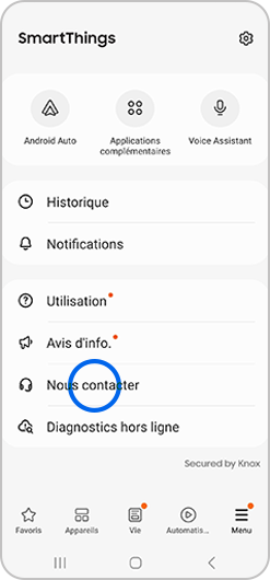 Sélection de l'option Nous contacter dans le menu de l'application SmartThings