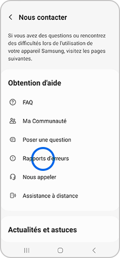 Sélection de Rapports d’erreurs depuis l'application SmartThings